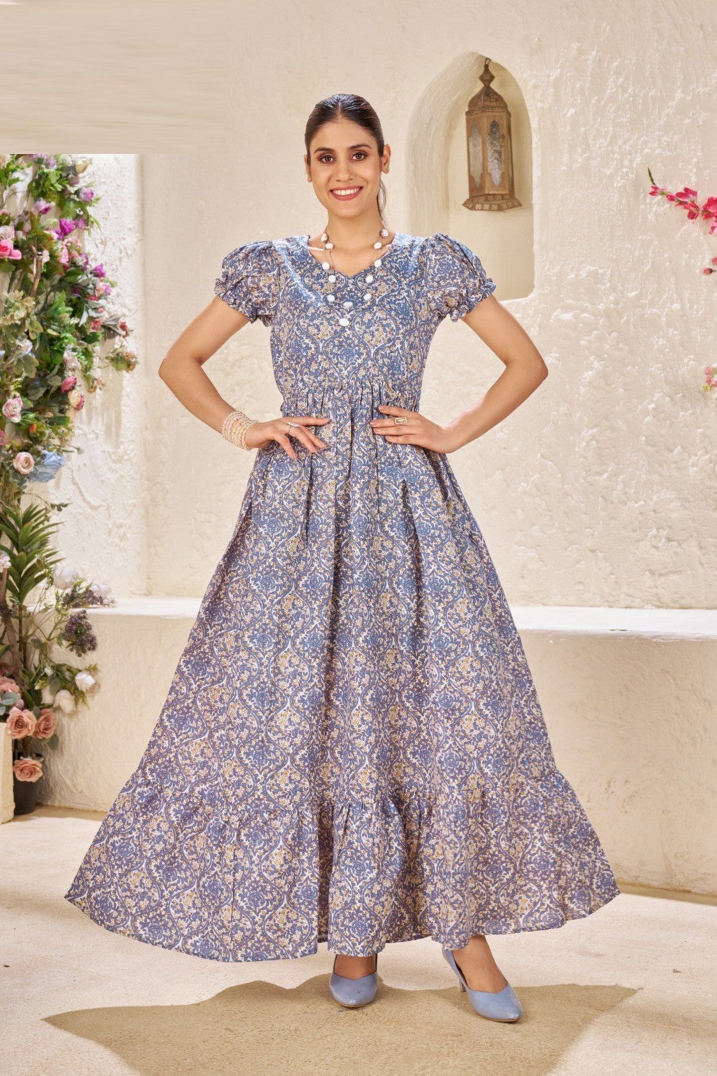 Blue Floral Printed Anarkali Maxi Dress
