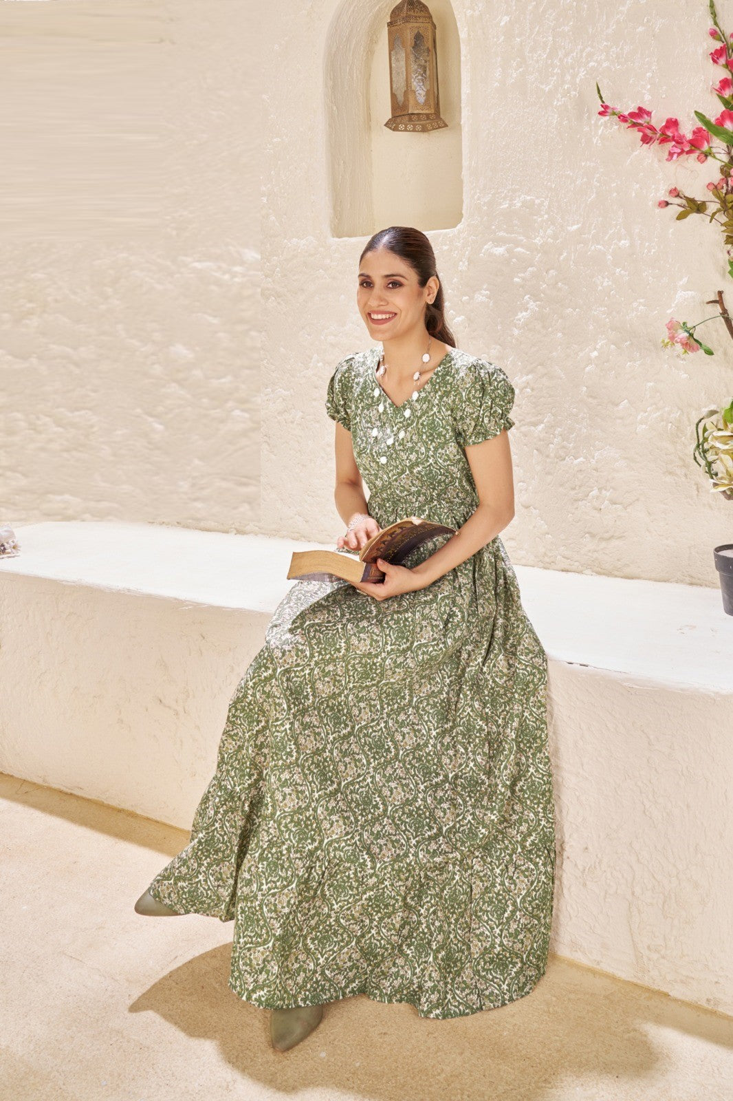 Green Floral Printed Anarkali Maxi Dress