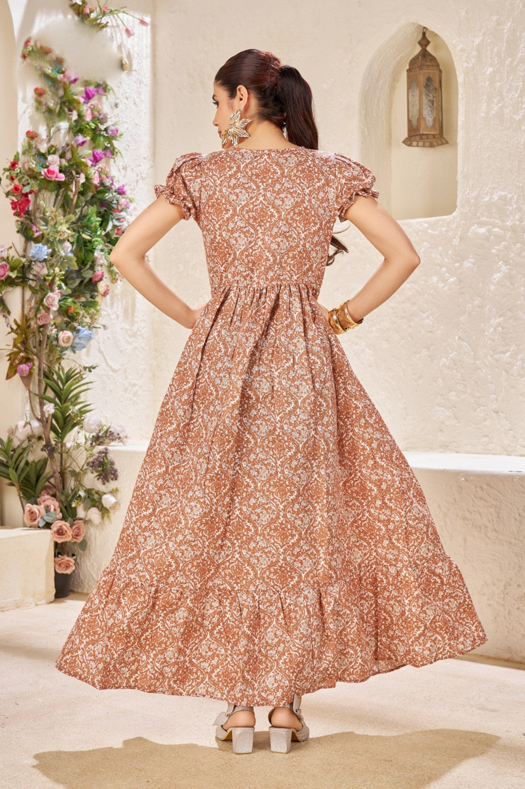 Beige Printed Anarkali Maxi Dress