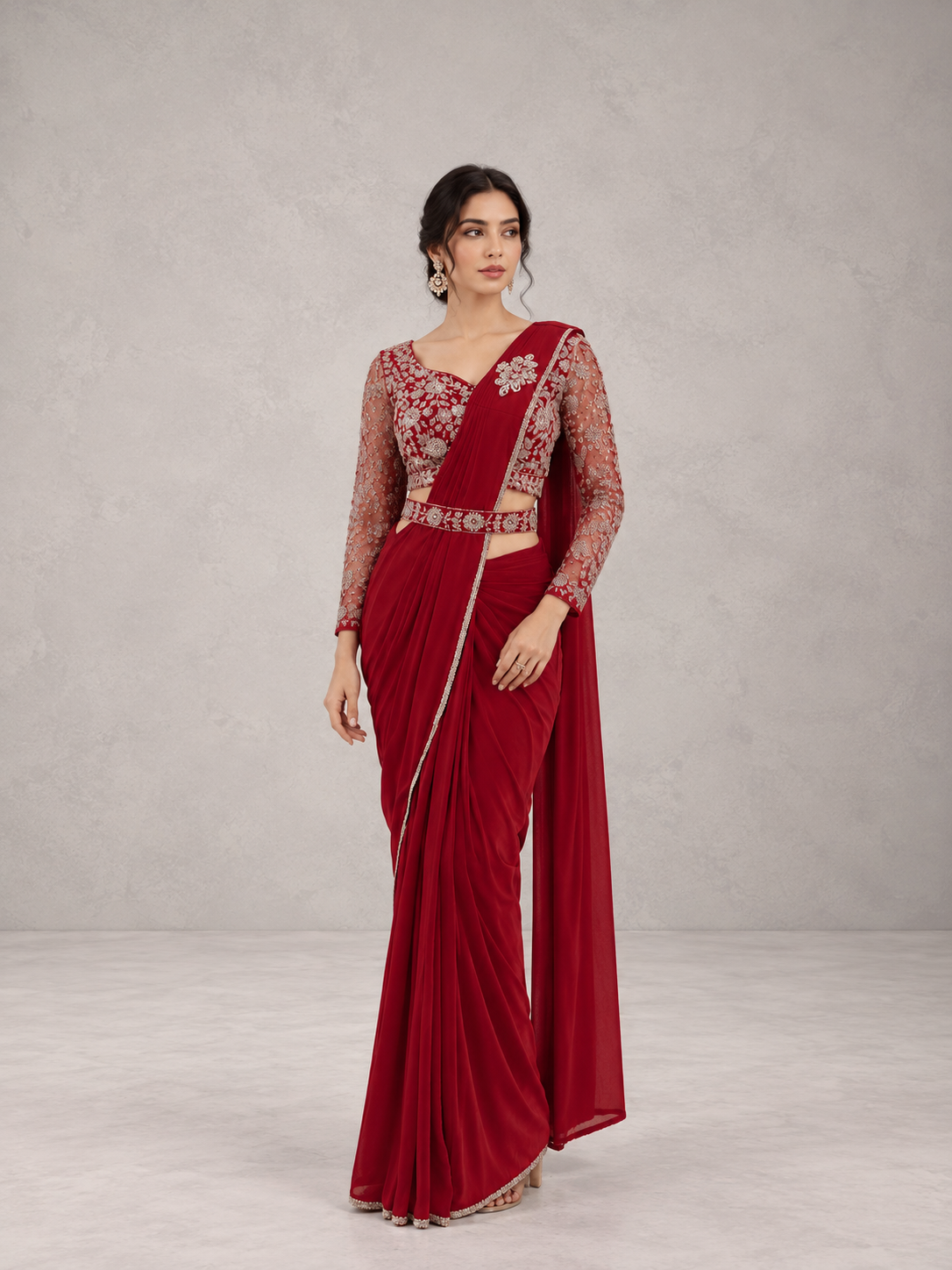 Crimson Pre-Draped Saree Set