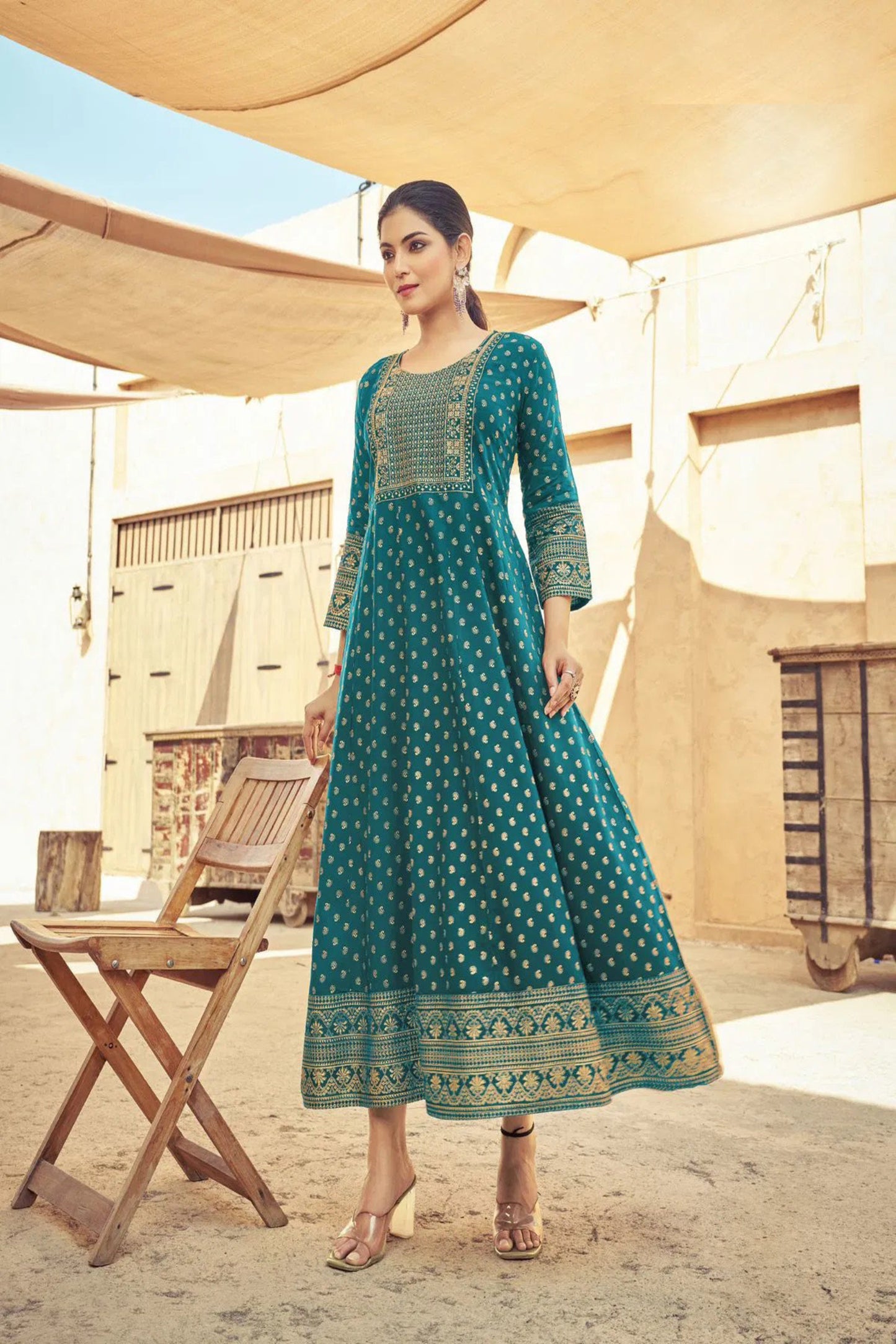 Light Blue Anarkali Kurti with Neck Embroidery