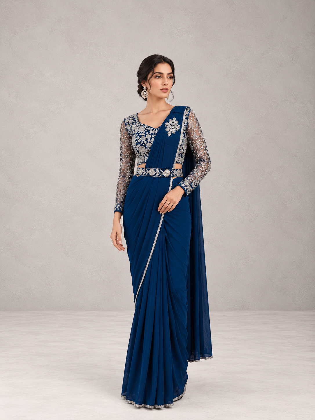 Royal Sapphire Pre-Draped Saree Set
