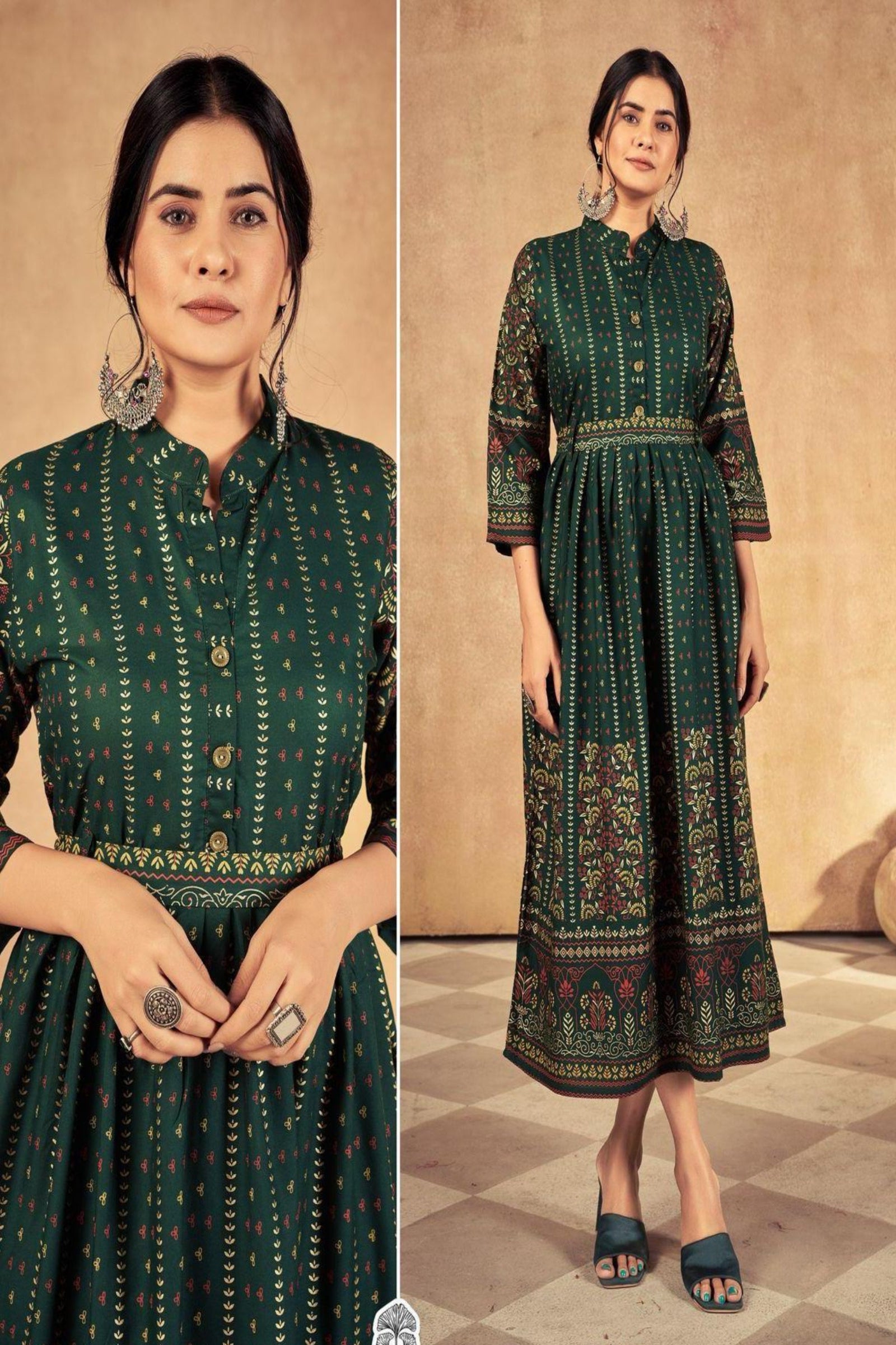 Woman wearing a green patterned dress against a beige background