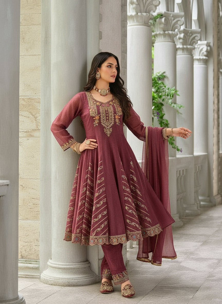 Woman in a maroon embroidered outfit standing in an elegant interior setting with classical architecture.