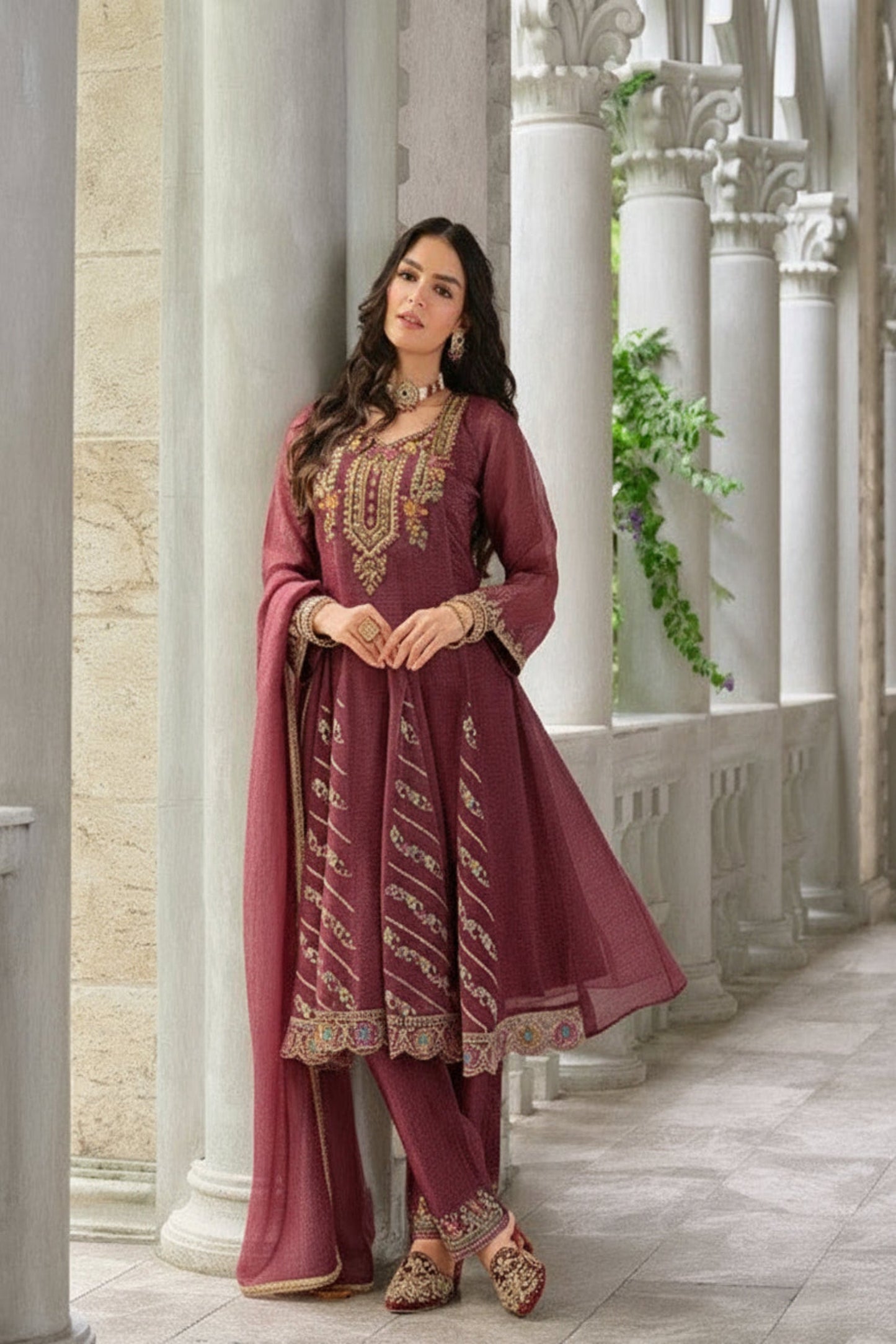 Woman in a maroon traditional outfit with embroidery, standing in an elegant interior setting.