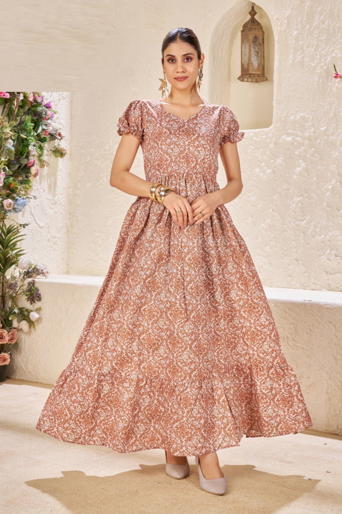 Beige Printed Anarkali Maxi Dress