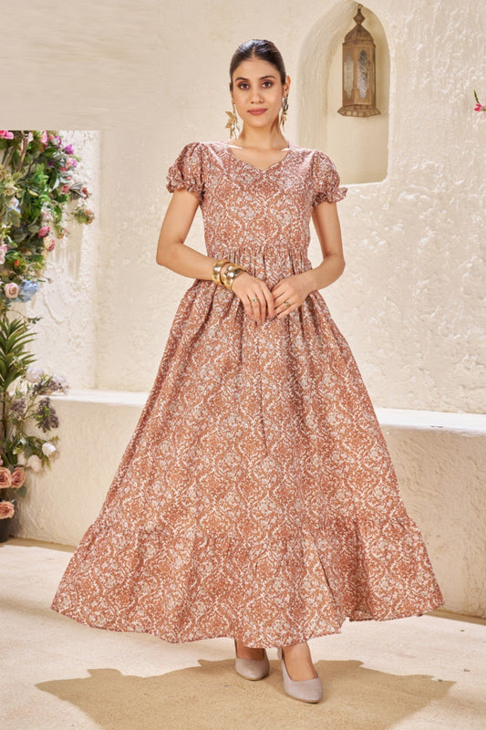 Beige Printed Anarkali Maxi Dress
