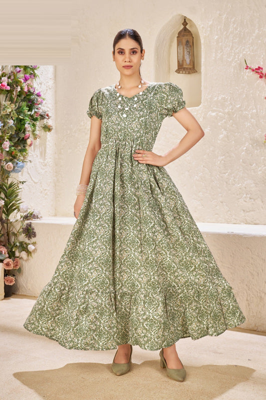 Green Floral Printed Anarkali Maxi Dress