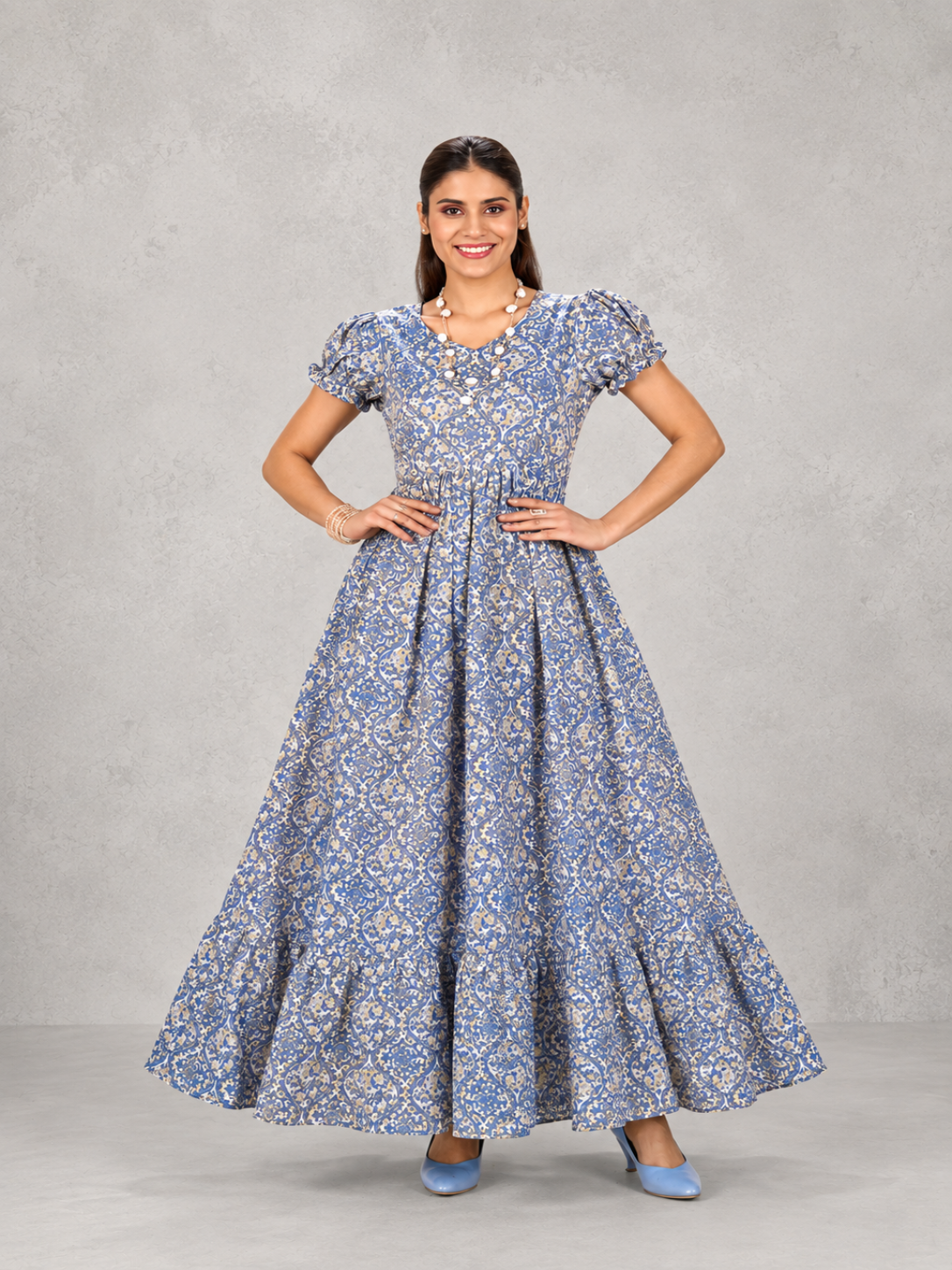 Blue Floral Printed Anarkali Maxi Dress