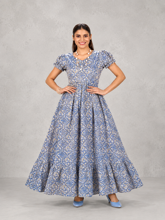 Blue Floral Printed Anarkali Maxi Dress