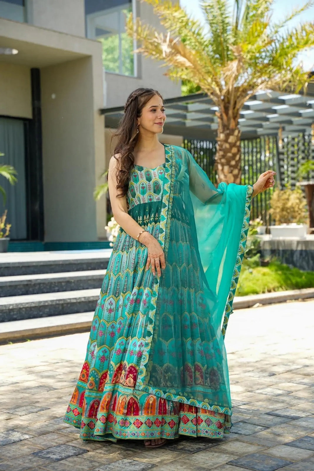 Blue Printed Anarkali Dress