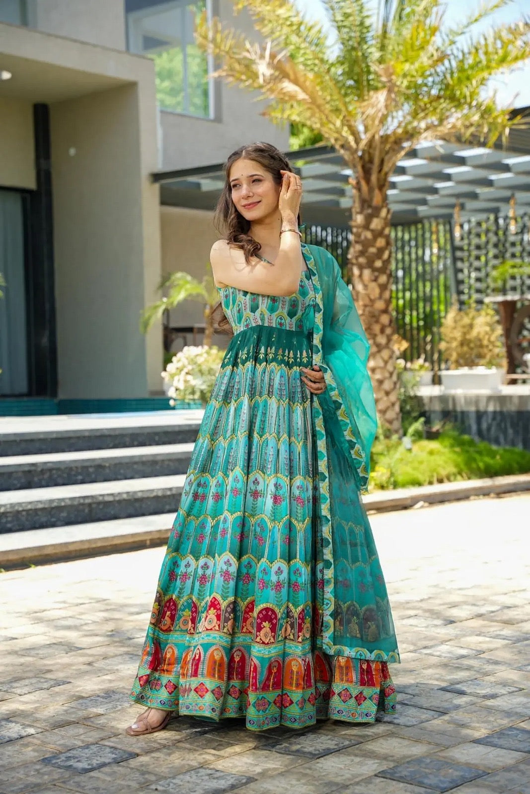 Blue Printed Anarkali Dress
