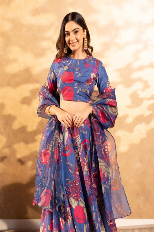 Blue & Scarlet Floral Lehenga