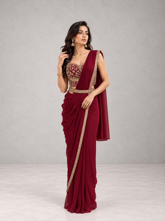 Burgundy Pre-Draped Saree Set