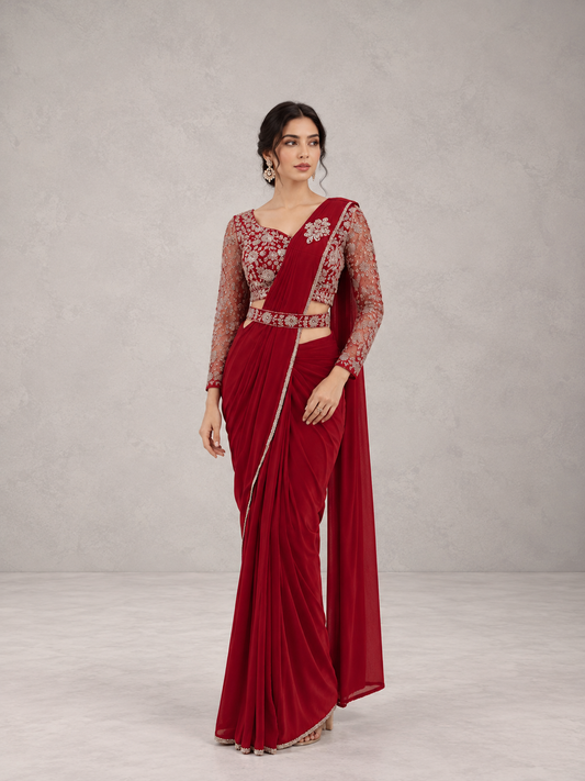 Crimson Pre-Draped Saree Set
