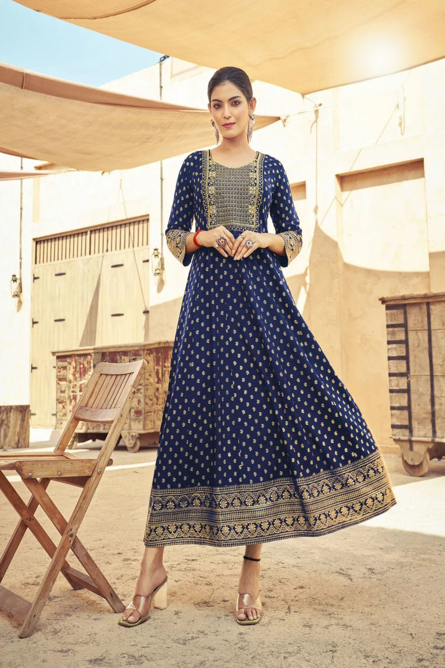 Navy Anarkali Kurti with Neck Embroidery
