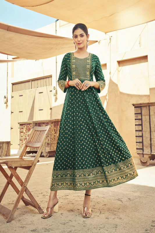 Dark Green Anarkali Kurti with Neck Embroidery