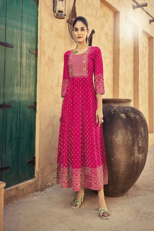 Dark Pink Anarkali Kurti with Neck Embroidery