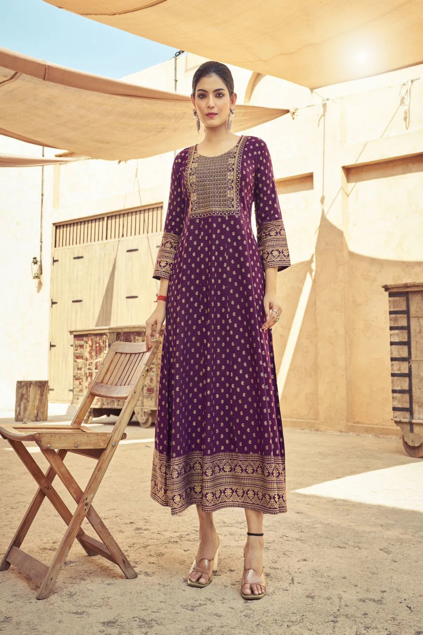 Dark Purple Anarkali Kurti with Neck Embroidery