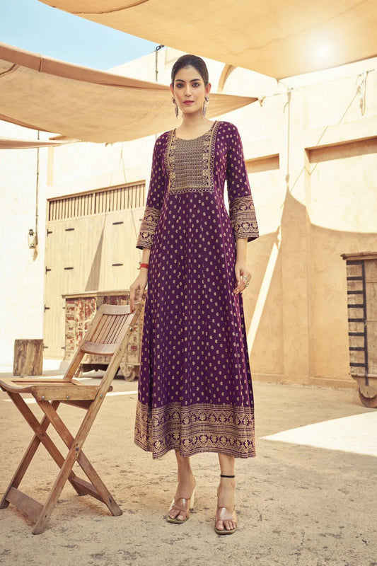 Dark Purple Anarkali Kurti with Neck Embroidery