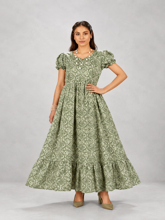 Green Floral Printed Anarkali Maxi Dress
