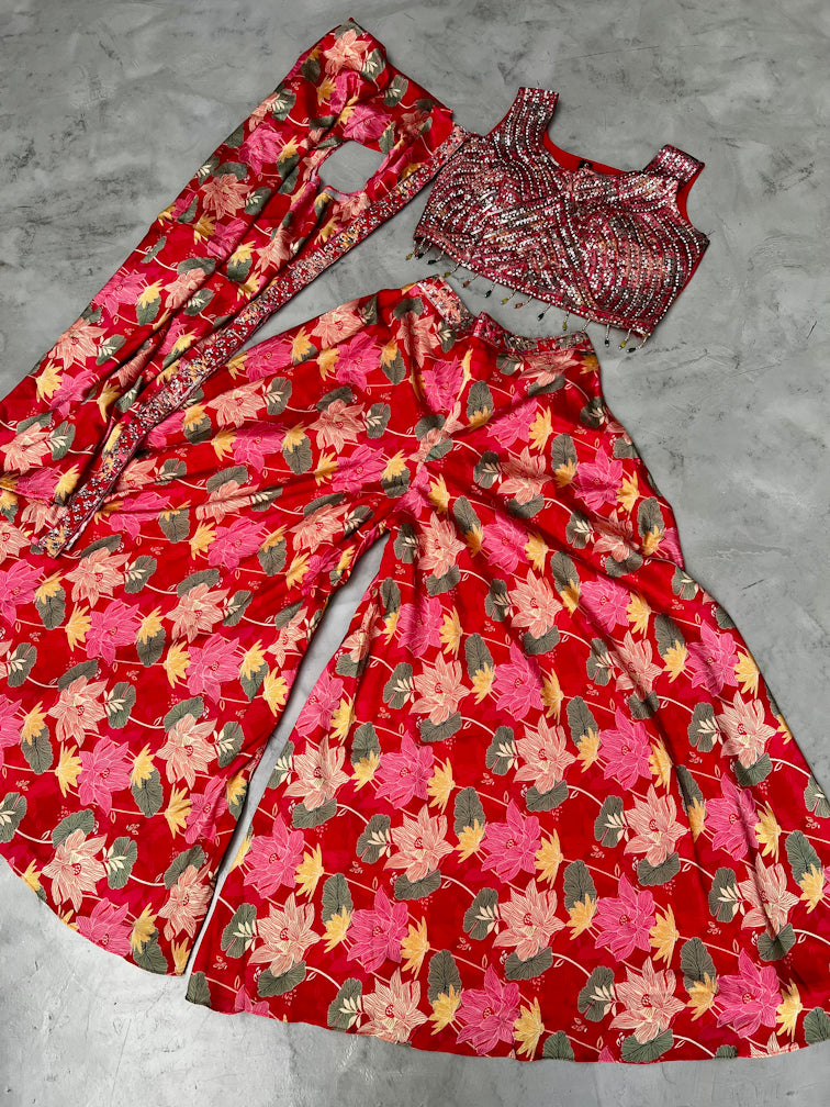 Pink Floral Indo-Western Palazzo Suit