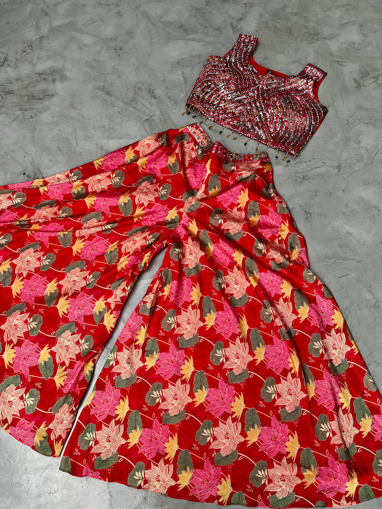 Pink Floral Indo-Western Palazzo Suit