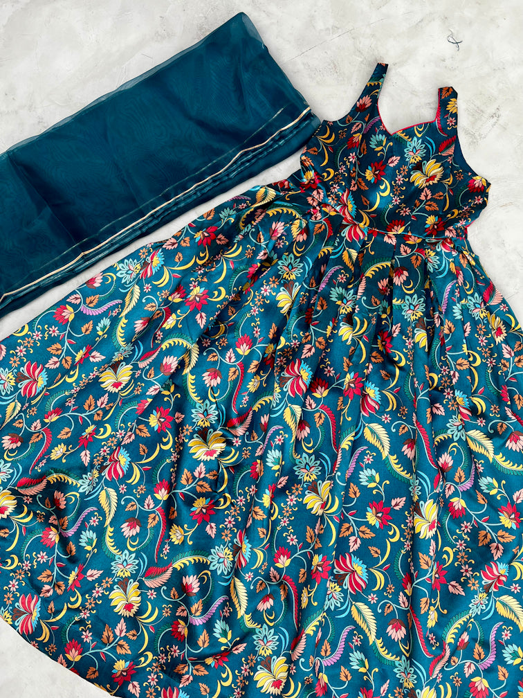 Teal Printed Anarkali Dress
