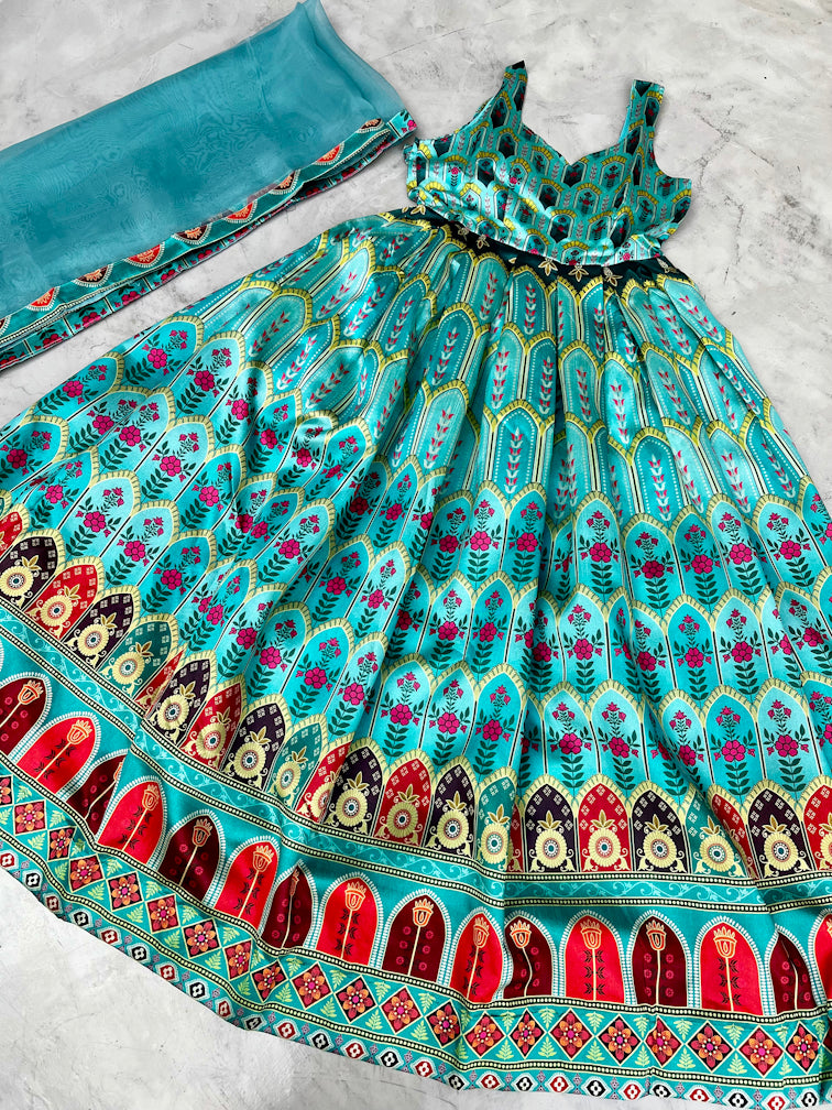 Blue Printed Anarkali Dress