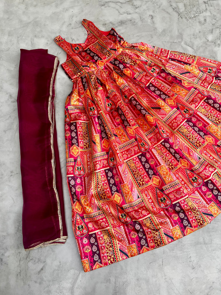 Pink Purple Printed Anarkali Dress