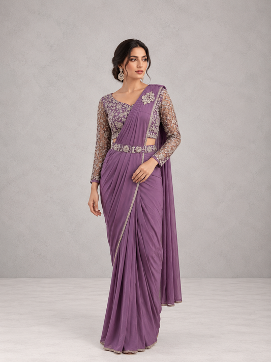 Lavender Pre-Draped Saree Set