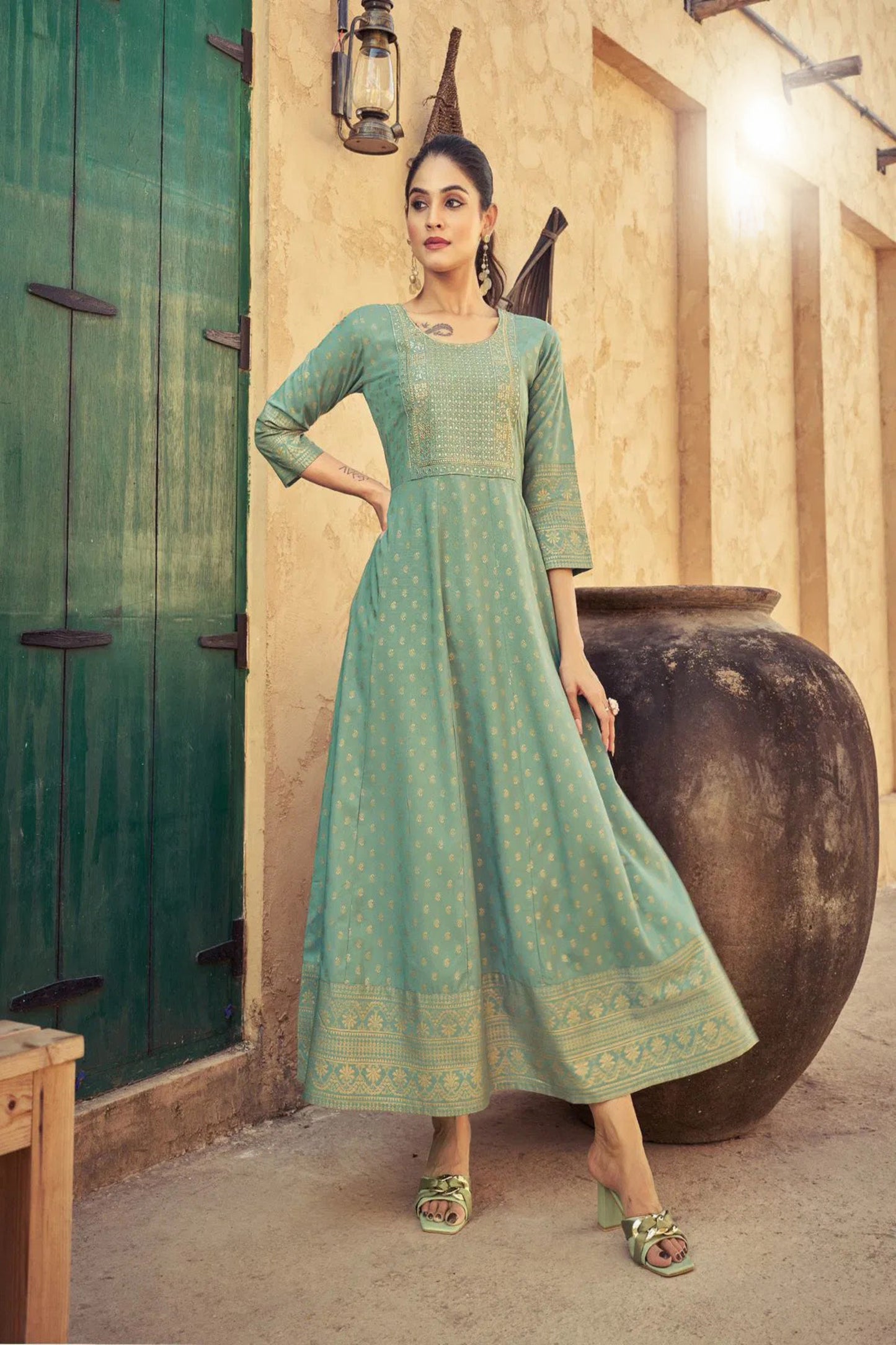 Light Green Anarkali Kurti with Neck Embroidery