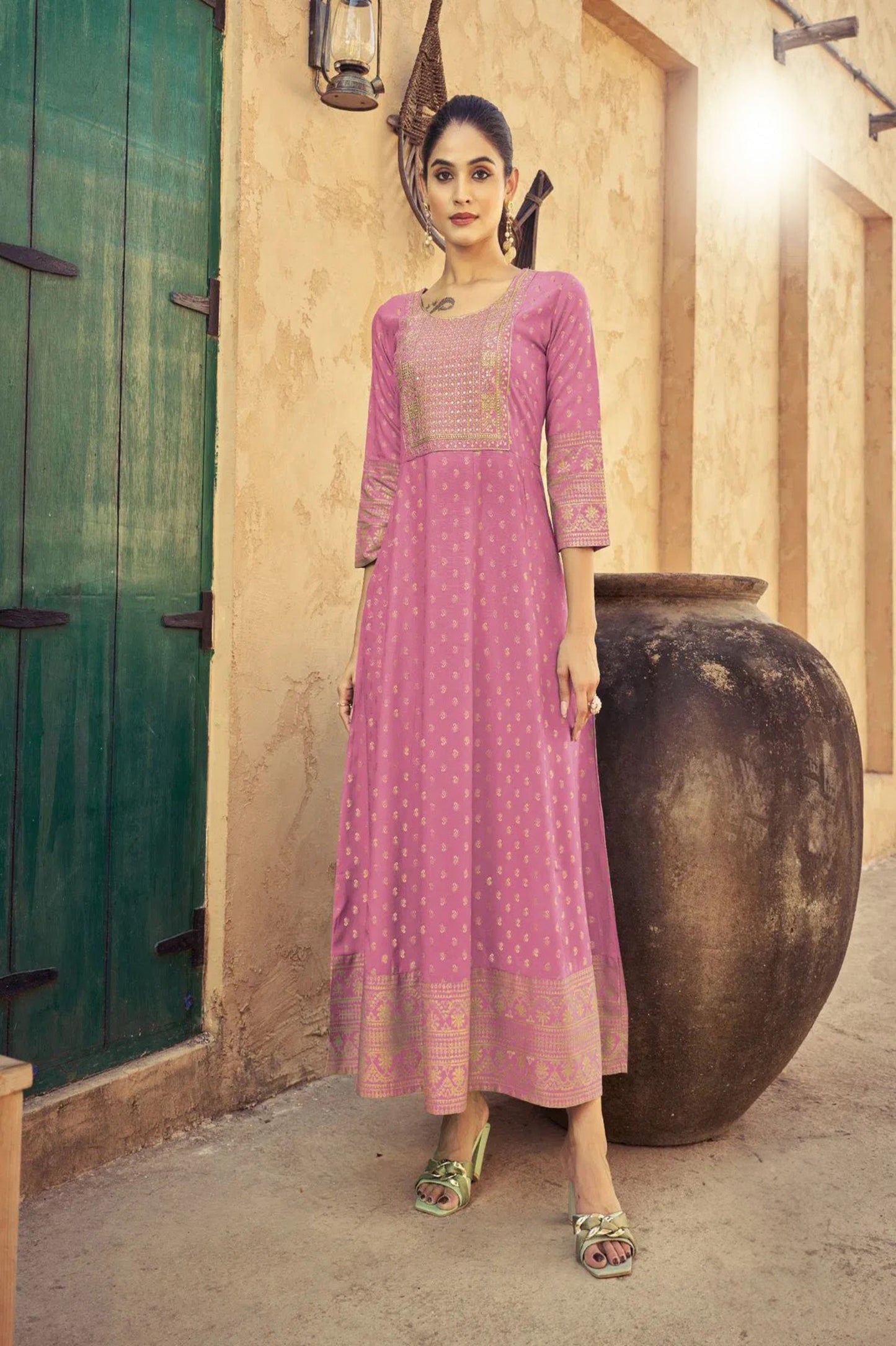 Light Pink Anarkali Kurti with Neck Embroidery