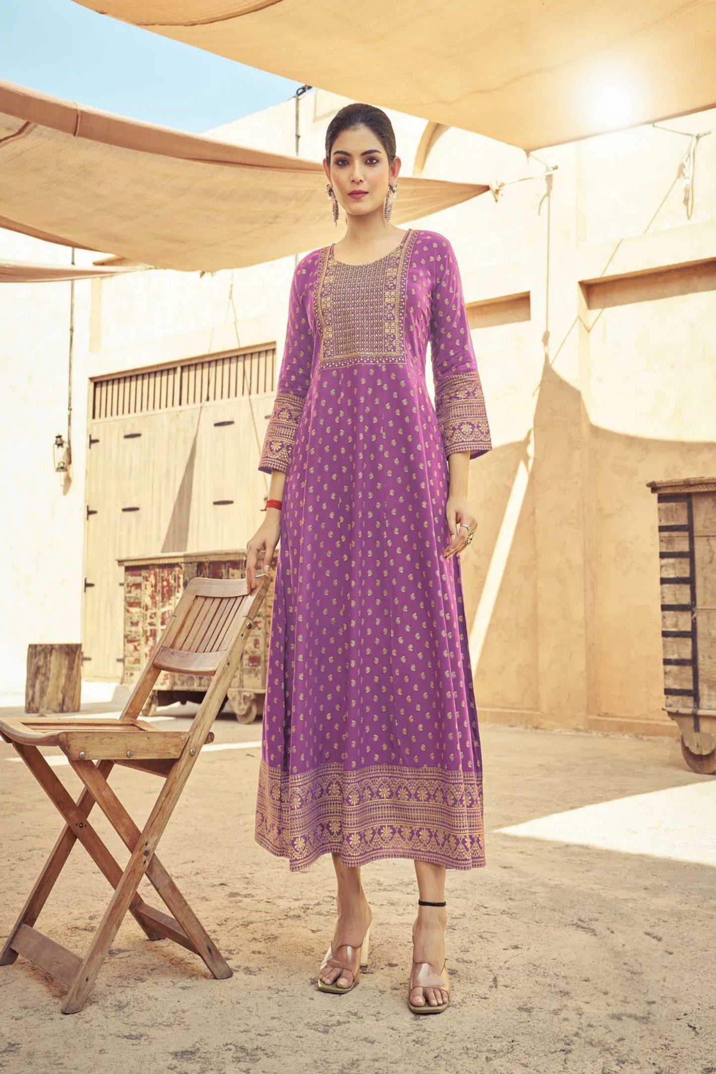Light Purple Anarkali Kurti with Neck Embroidery
