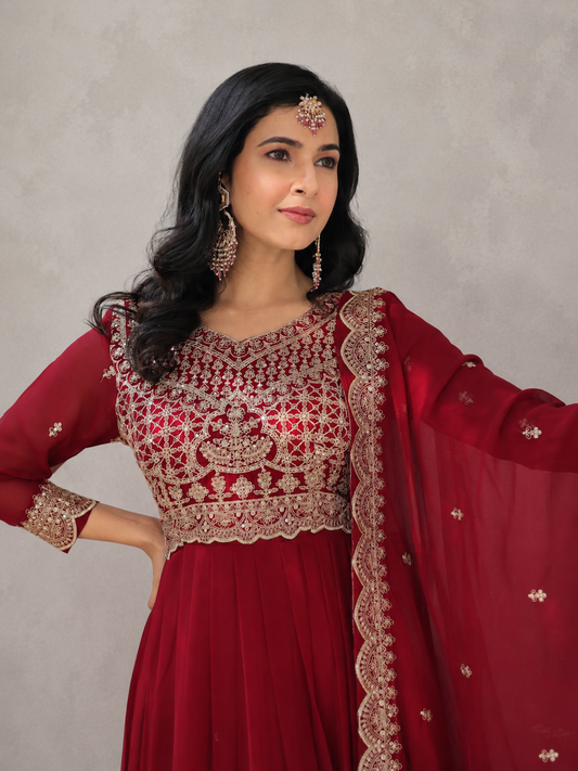 Maroon Heritage Anarkali Gown Set