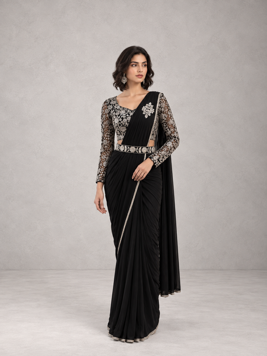 Midnight Noir Pre-Draped Saree Set