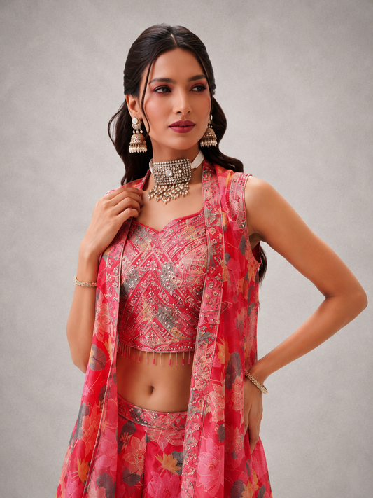 Pink Floral Indo-Western Palazzo Suit