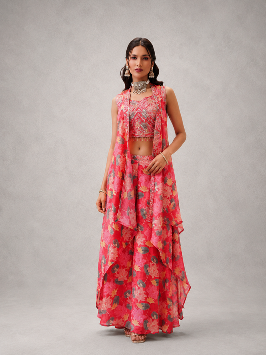 Pink Floral Indo-Western Palazzo Suit