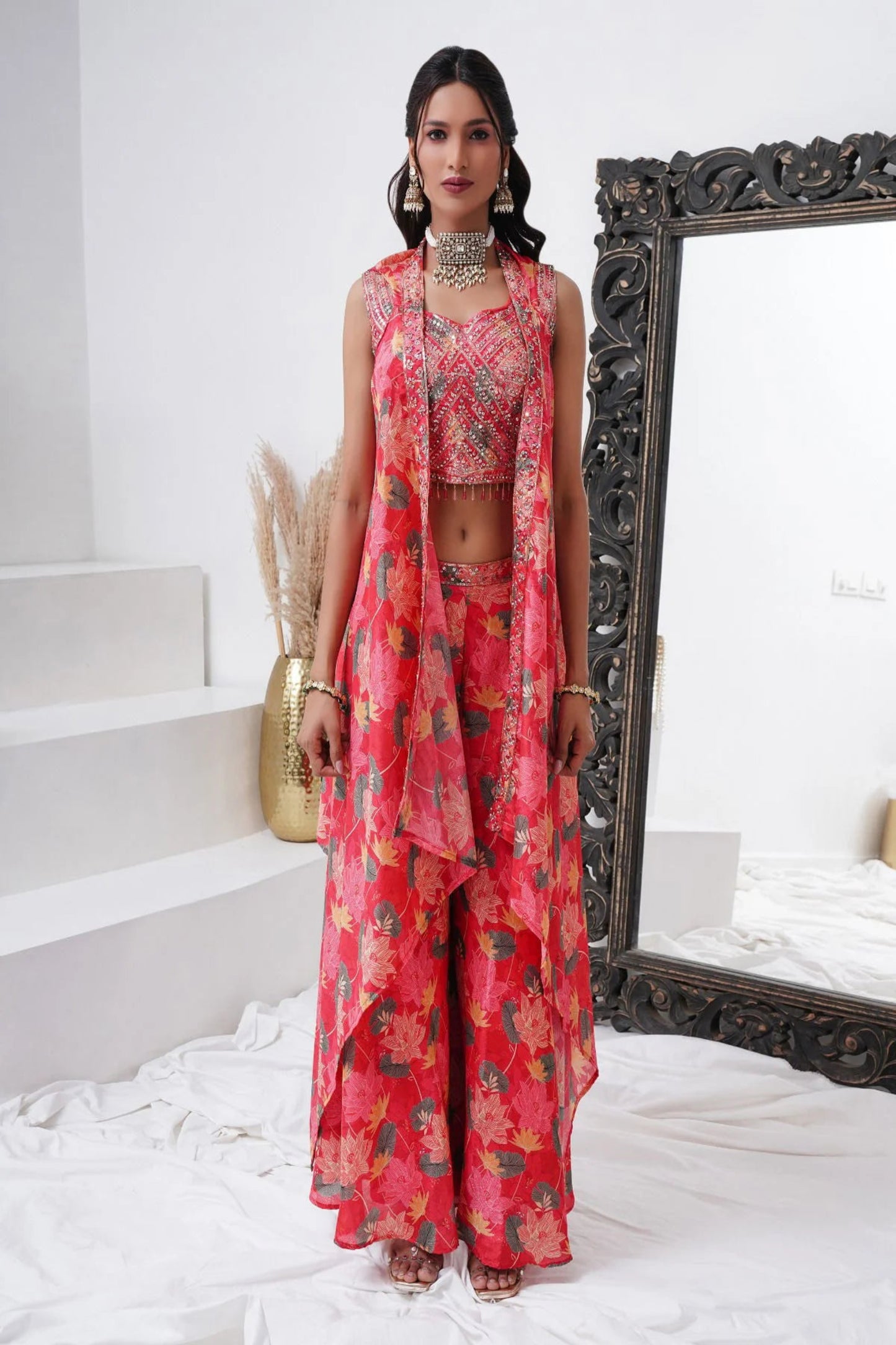 Pink Floral Indo-Western Palazzo Suit