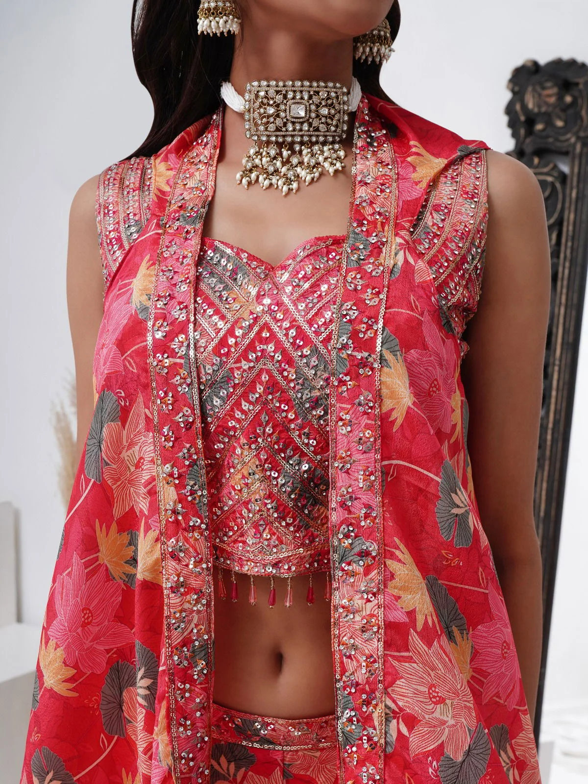 Pink Floral Indo-Western Palazzo Suit