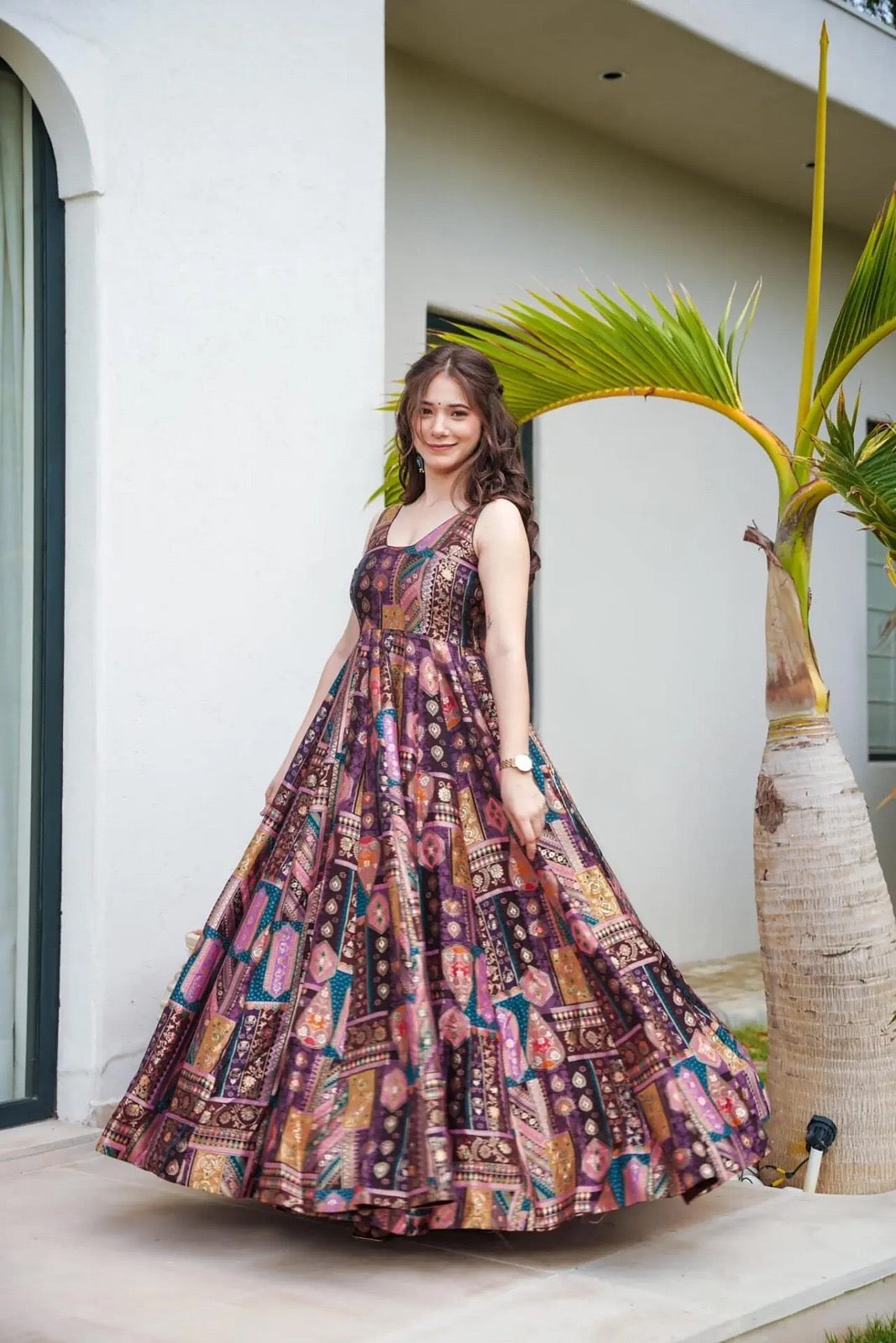 Purple Printed Anarkali Dress