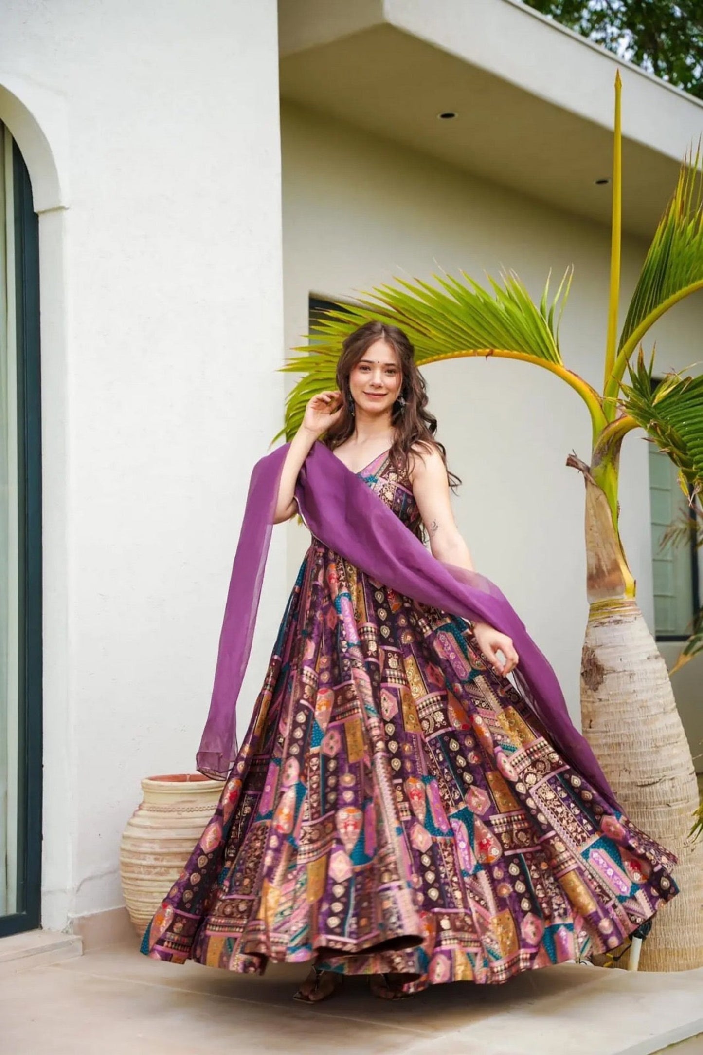 Purple Printed Anarkali Dress