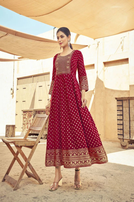 Red Anarkali Kurti with Neck Embroidery