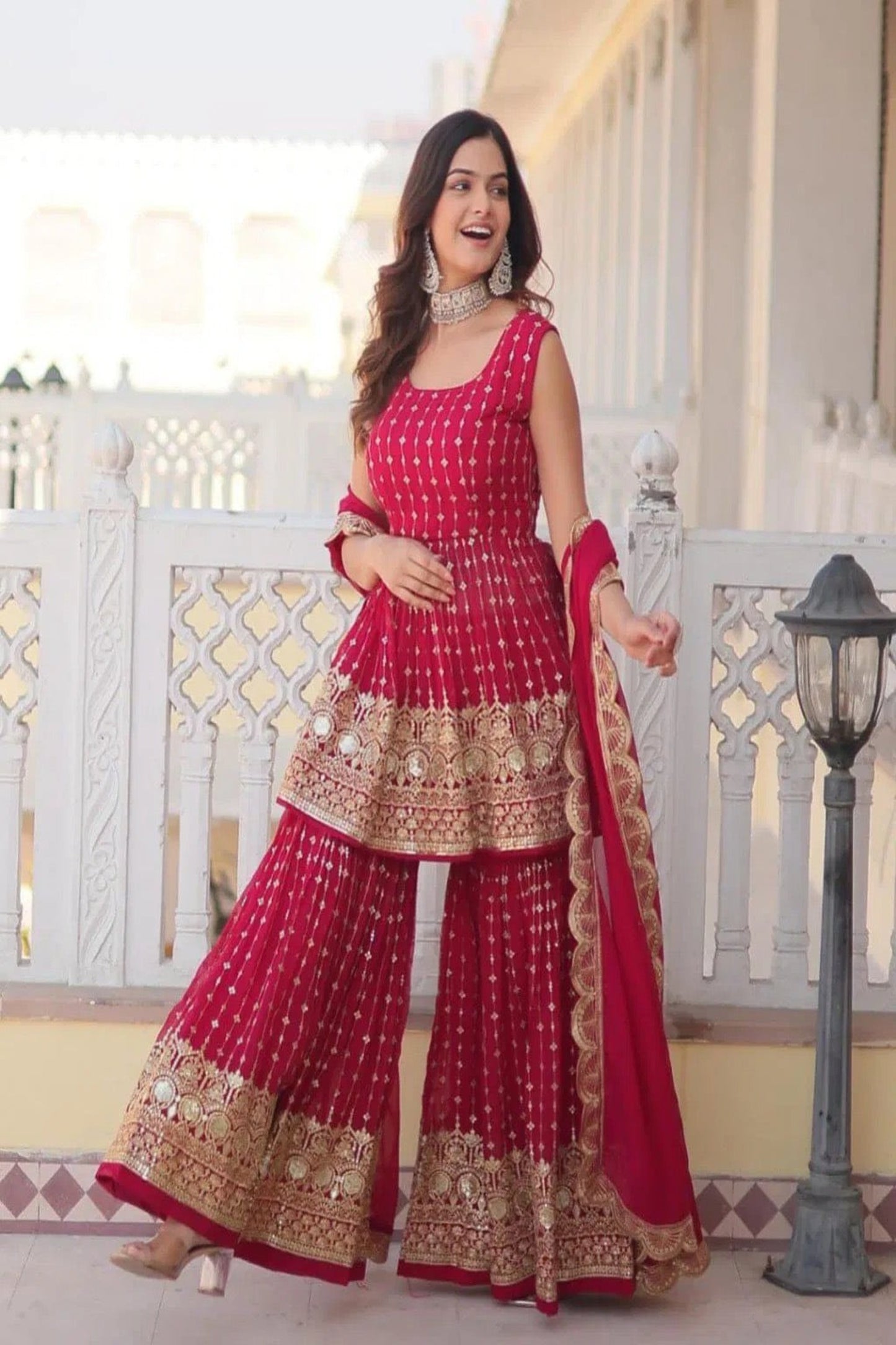 Red Gold Embroidered Sharara Suit