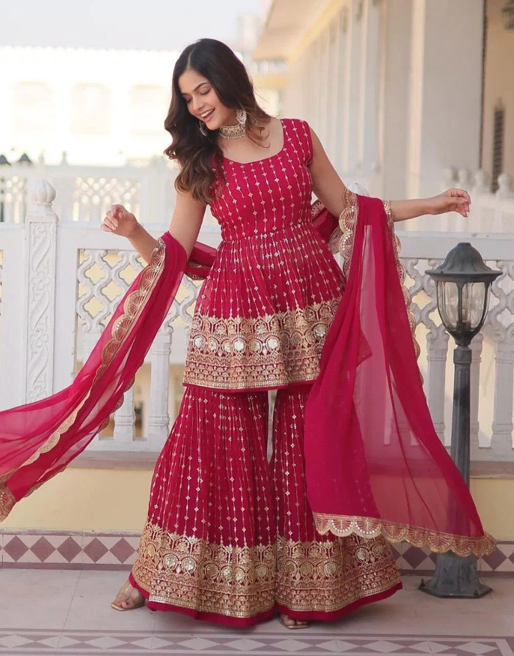 Red Gold Embroidered Sharara Suit