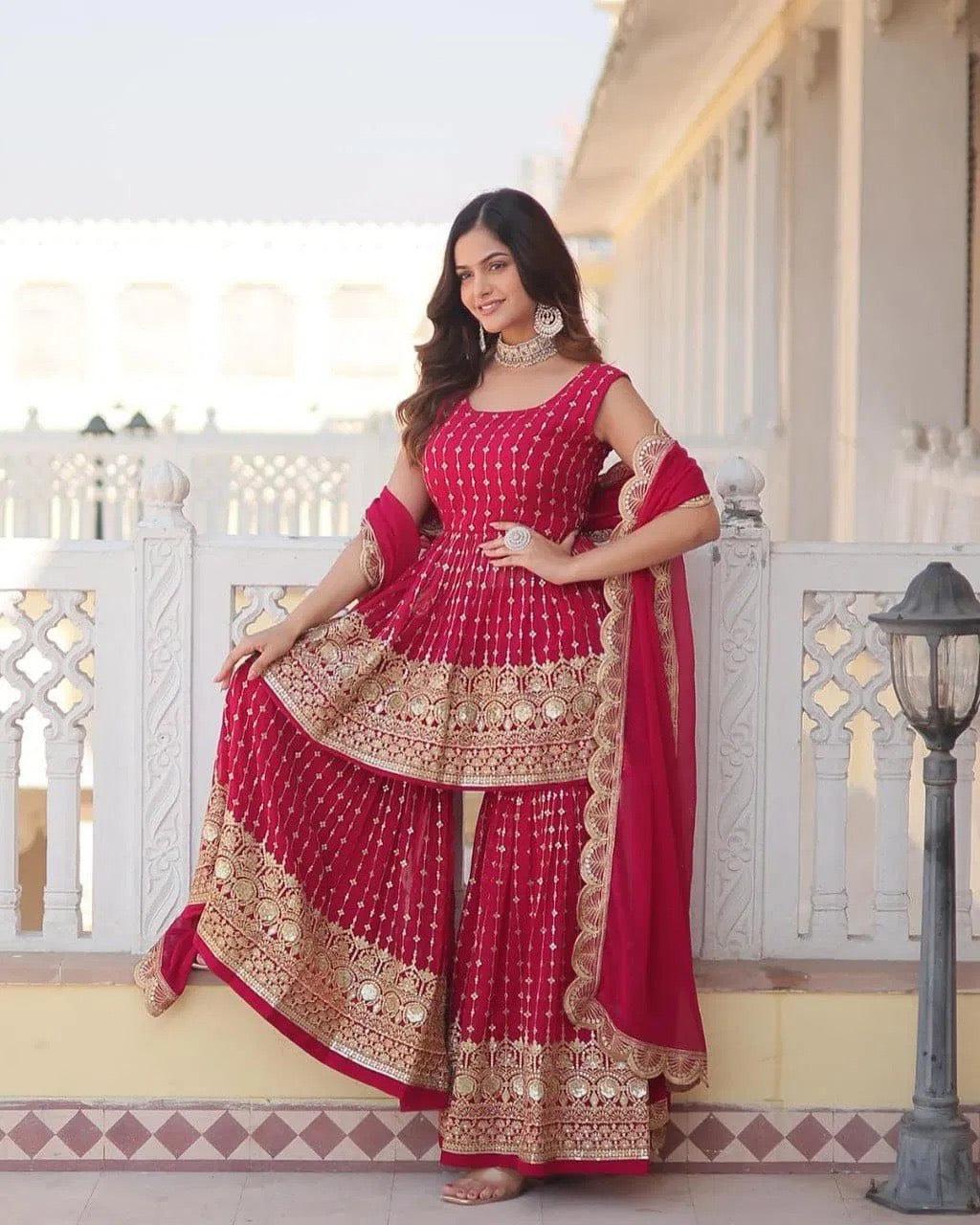 Red Gold Embroidered Sharara Suit