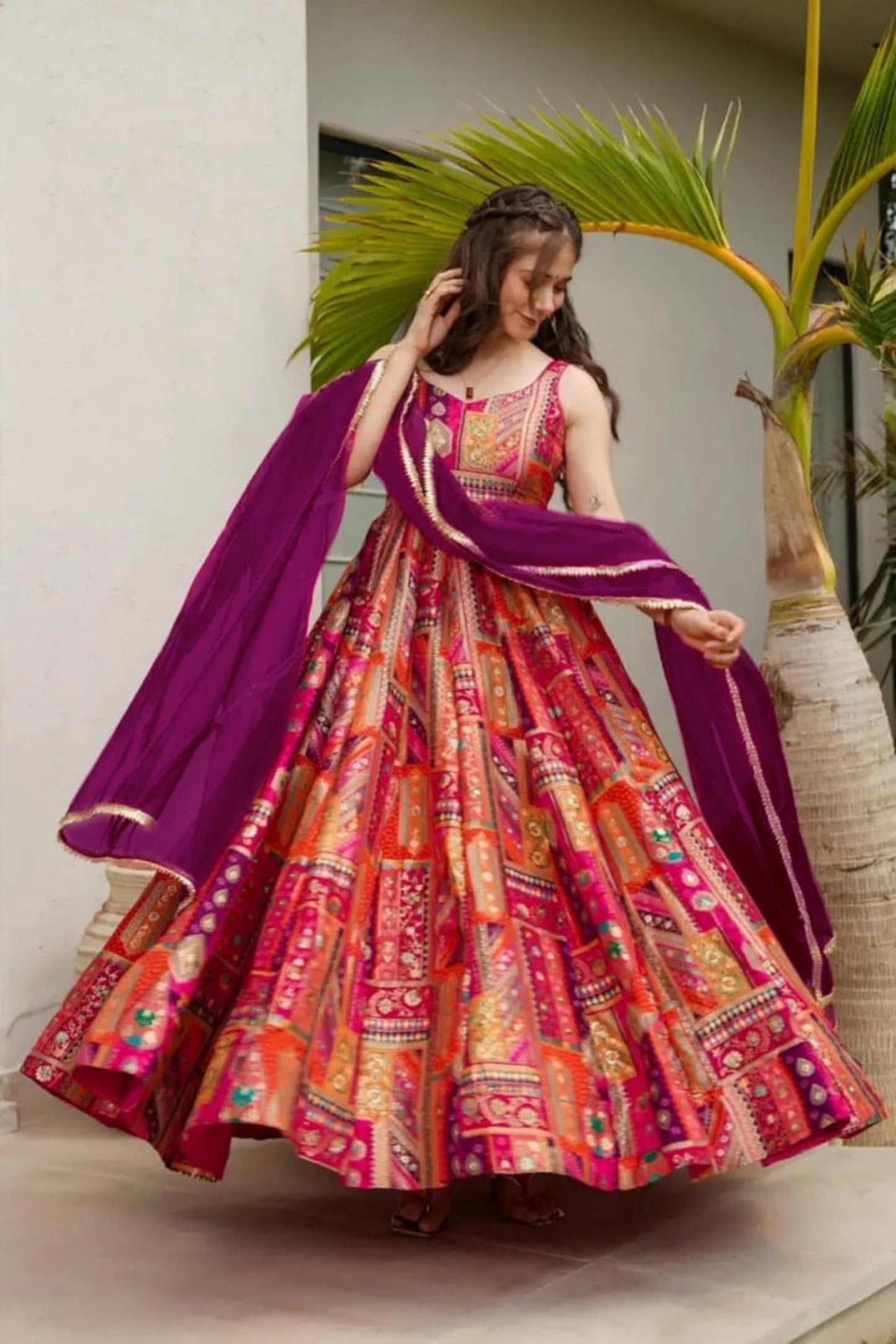 Pink Purple Printed Anarkali Dress
