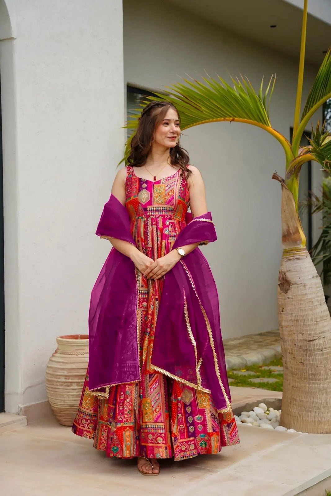 Pink Purple Printed Anarkali Dress