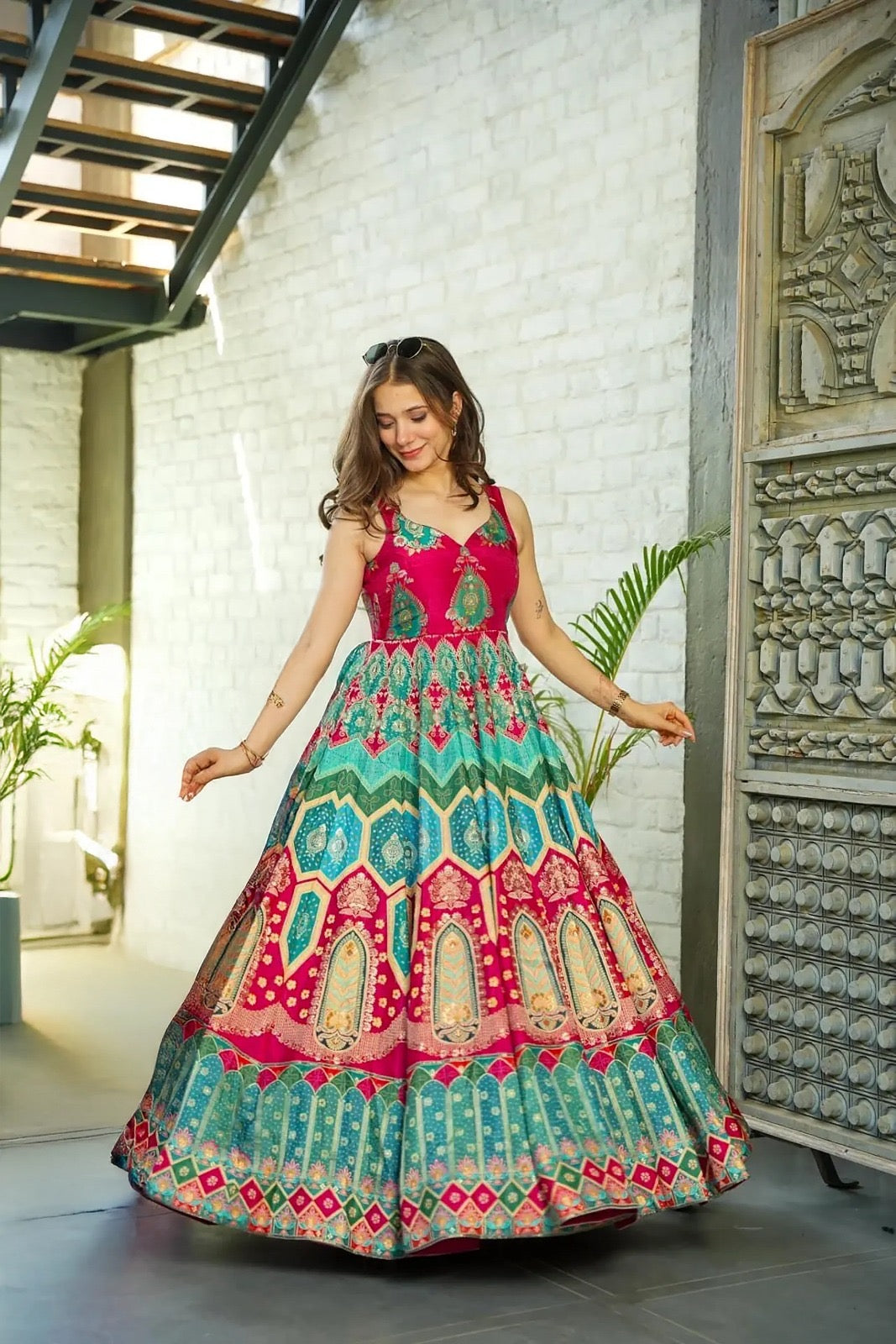 Red Printed Anarkali Dress
