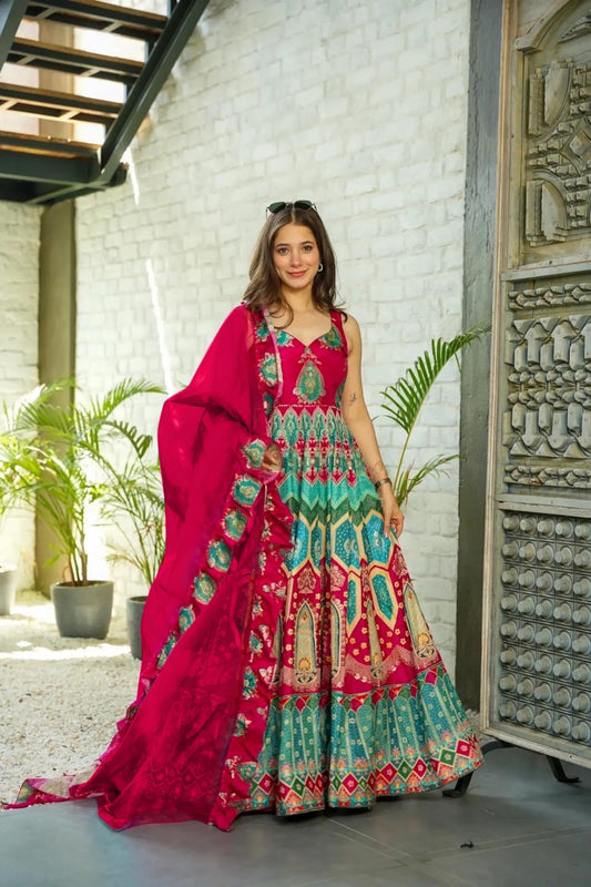 Red Printed Anarkali Dress